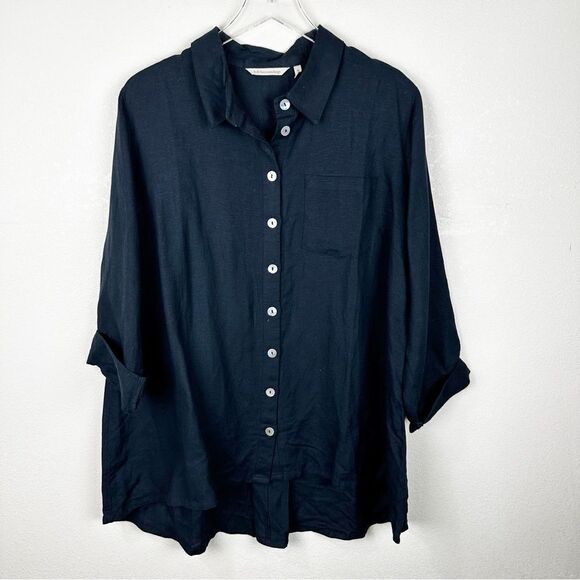 Soft Surroundings Black Linen Button Down Blouse 1X Short Sleeve Lagenlook - Picture 1 of 6